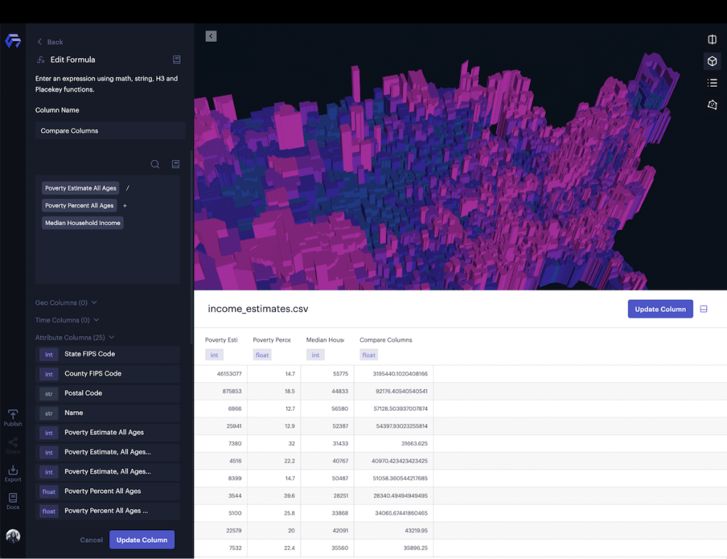 Custom column creation in Unfolded Studio through the expression editor. Being able to do on-the-fly analytics inside Unfolded Studio increases iteration speed, e.g when evaluating new datasets for actionable information. introducing-studio-image5