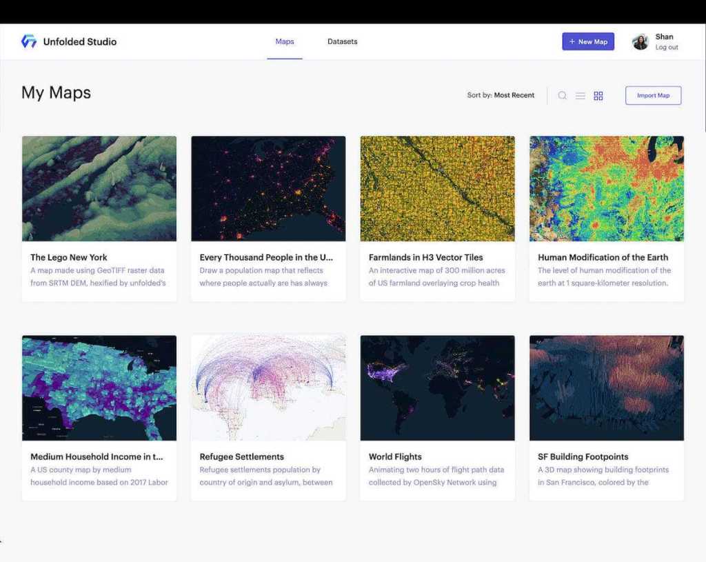 The maps page shows the maps you have created. The datasets used in the maps can be stored separately in the Unfolded cloud or loaded from external sources. introducing-studio-image6